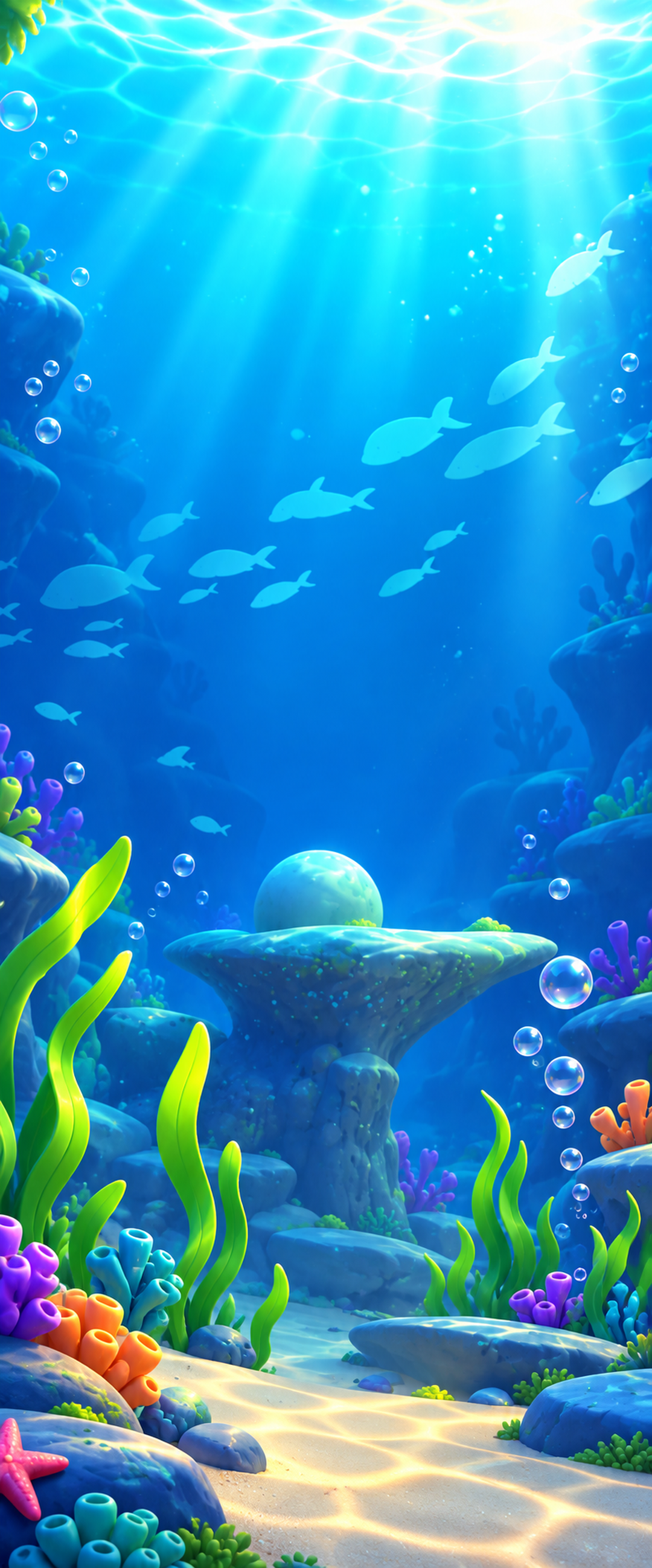 Sunlight filters through the water onto a vibrant coral reef from Fish Sort Frenzy.